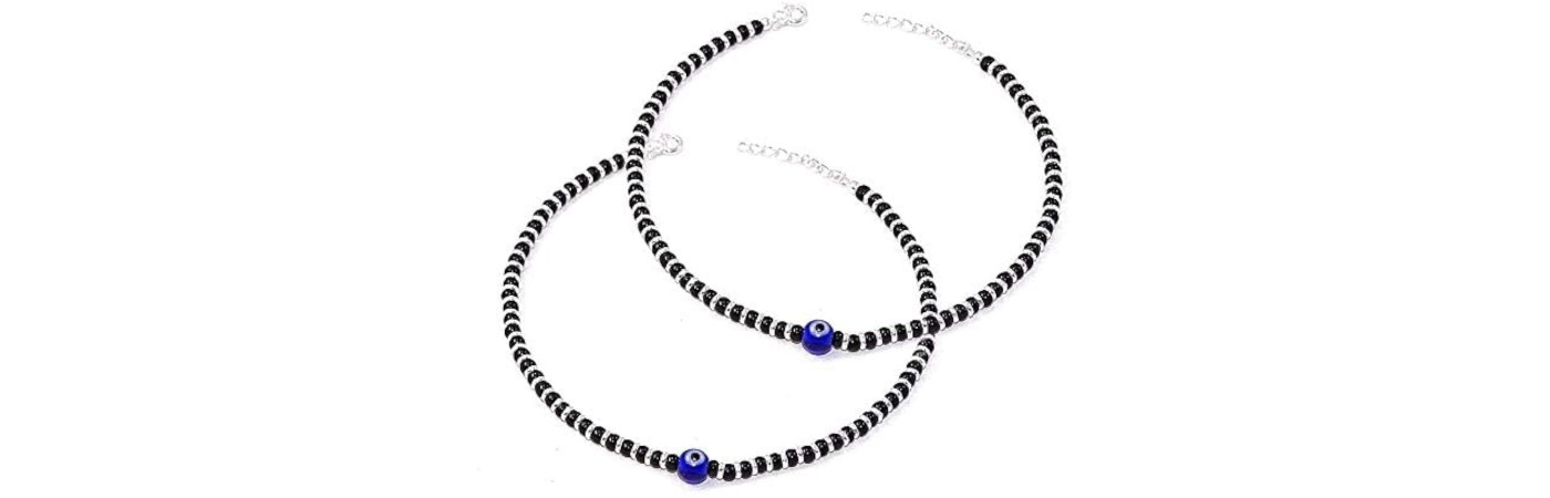 Evil aye black glass brass silver tone beaded Anklets